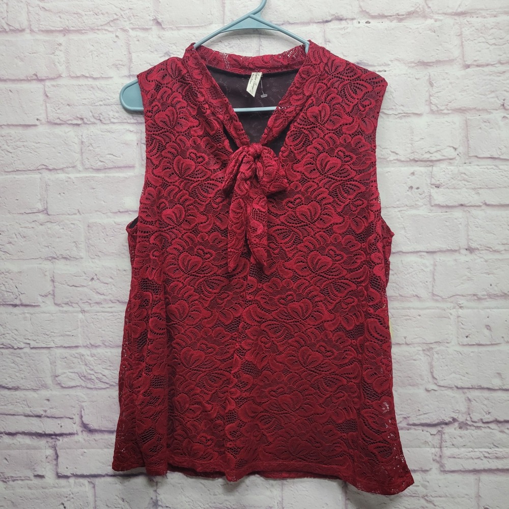 NEW Per Seption Concepts Red Lace Tie Neck Top Size XL Stretchy Floral Romantic